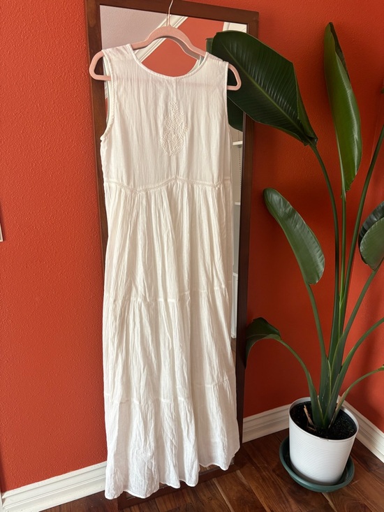Talisman Boho White Gauze Sleeveless Maxi Dress with Embroidered Yoke Medium - Picture 4 of 11